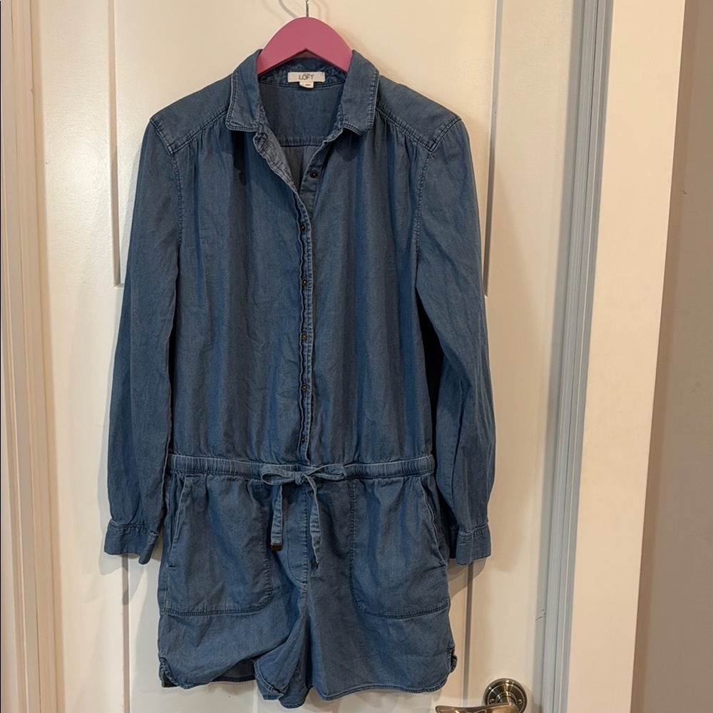 LOFT Blue Romper with Long Sleeves and Drawstring Waist